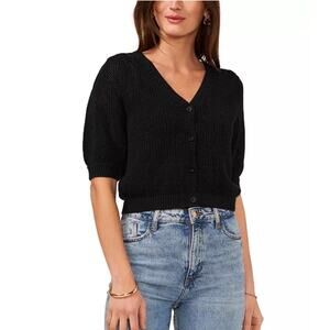 Velvet Heart Black Waffle Knit Cardigan Puff Sleeve Crop S NWOT